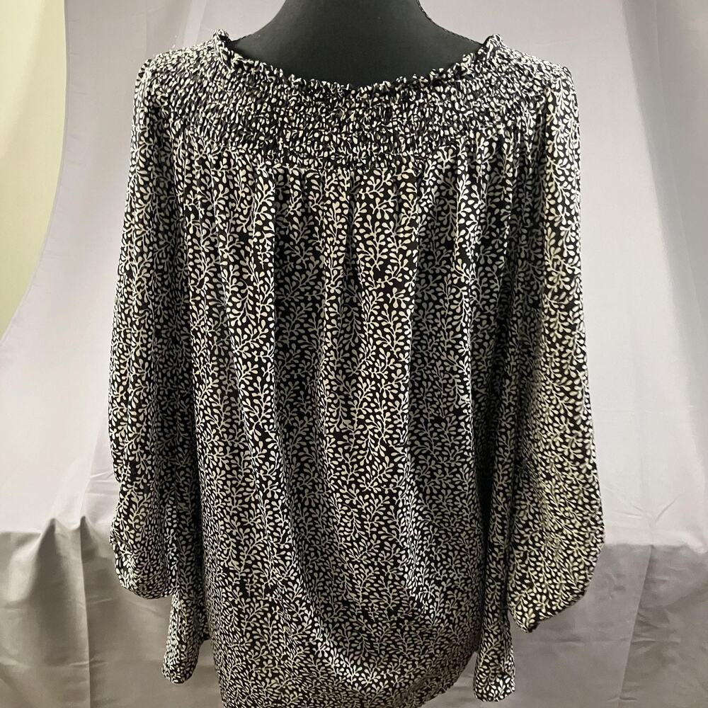 Black White Floral Blouse Womens XL Smocked Neck 3/4 Sleeve Pullover Top Casual - Picture 5 of 16